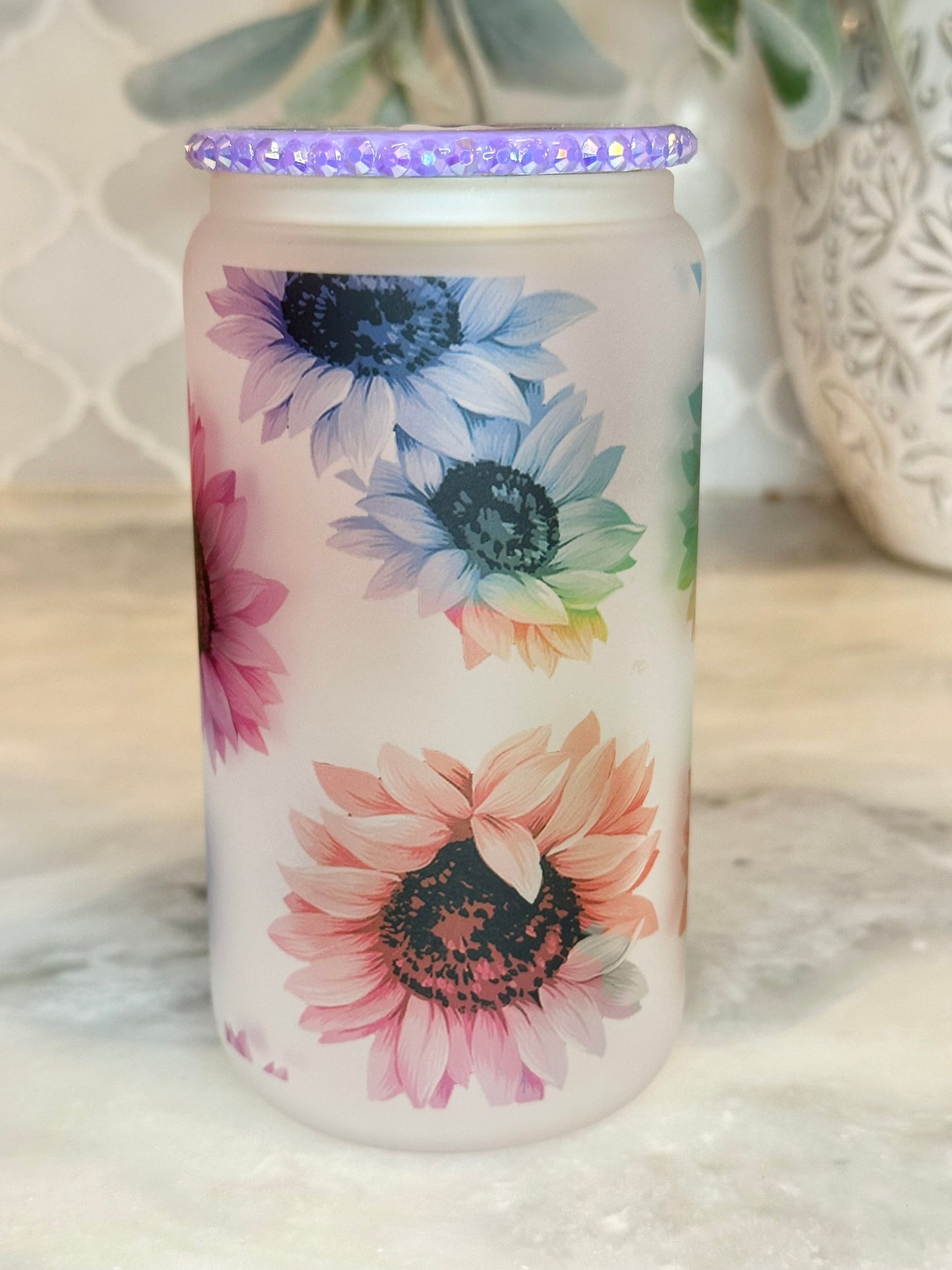 Rainbow Floral Glass Can